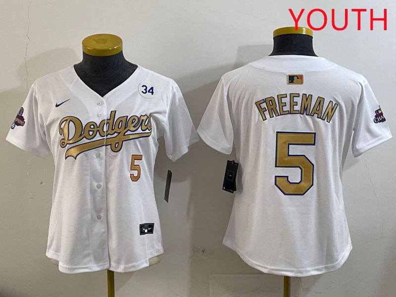 Youth Los Angeles Dodgers #5 Freeman White Champion gold character 2025 Nike MLB Jersey style 4->women mlb jersey->Women Jersey